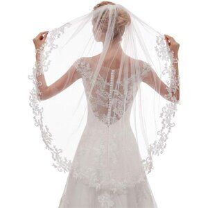 EllieHouse Womens Short Fingertip Length 1 Tier Lace Wedding Bridal Veil